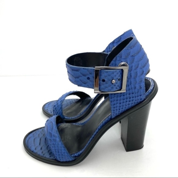 Tibi Snakeskin Embossed Leather Chunky Heel Ankle Strap Buckle Sandal Royal Blue - Picture 6 of 9